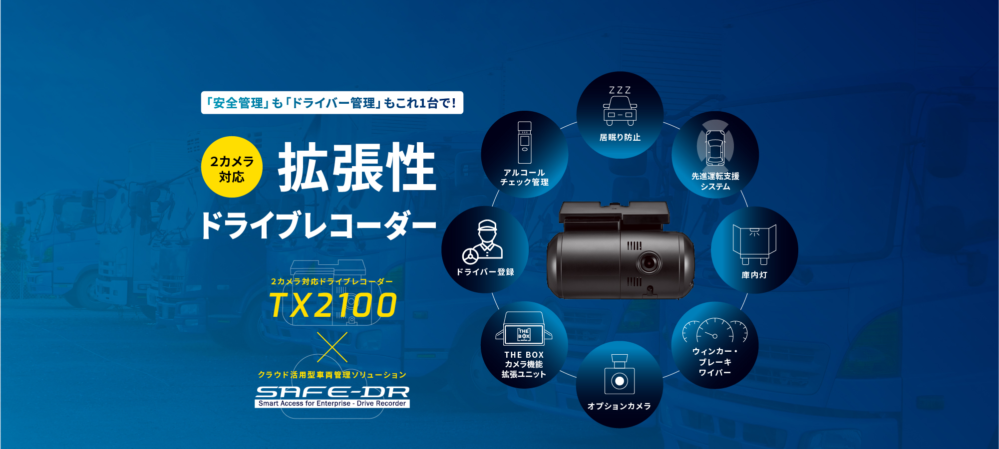 東海クラリオン株式会社 TOKAI CLARION,LTD 「安全管理」も「ドライバー管理」もこれ1台で！ 2カメラ対応 拡張性ドライブレコーダー 2カメラ対応ドライブレコーダー TX2100 クラウド活用型車両管理ソリューション SAFE-DR Smart Access for Enterprise - Drive Recorder 居眠り防止 先進運転支援システムADAS 庫内灯 ウィンカー・ブレーキワイパー オプションカメラ iBOXカメラ機能拡張ユニット クラクション ドア開閉 